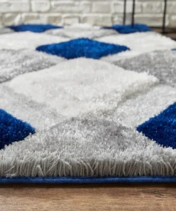 Alternative view of Blue & White Handcrafted Microfiber Geometric Ultra Soft Shaggy Carpet