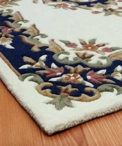 Alternative view of Ivory and Blue Persian Hand-Tufted Wool Carpet Contemporary Design for Living Room, Bedroom, and Hall