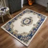 Ivory and Blue Persian Hand-Tufted Wool Carpet Contemporary Design for Living Room, Bedroom, and Hall