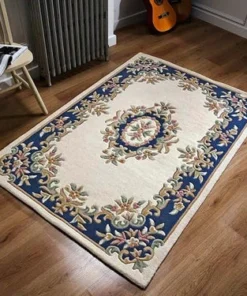 Ivory and Blue Persian Hand-Tufted Wool Carpet Contemporary Design for Living Room, Bedroom, and Hall