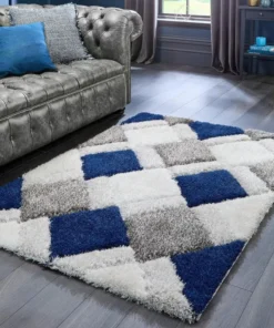 Blue & White Handcrafted Microfiber Geometric Ultra Soft Shaggy Carpet