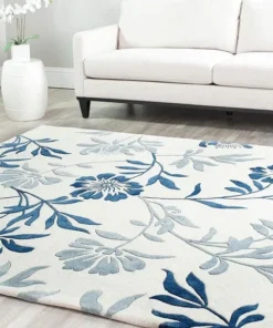 Alternative view of Blue & White Floral Hand Tufted Wool Rug For Living Room & Bed Room