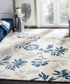 Blue & White Floral Hand Tufted Wool Rug For Living Room & Bed Room