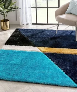 Aqua Blue Compass Geometric Microfiber Super Soft Anti Skid Shaggy Carpet
