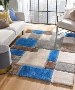 Sky Blue & Beige Super Soft Microfiber Geometric Roblox Shaggy Carpet