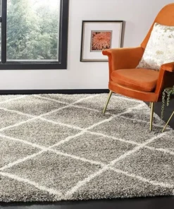 Grey & Ivory Handcrafted Microfiber Super Soft Diamond Trellis High Density Shaggy Carpet