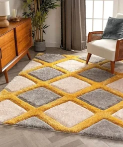 Beige Yellow Handcrafted Microfriber Fluffy Geometric Shaggy Carpet