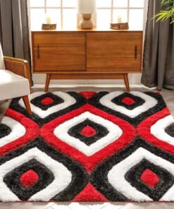 Alternative view of Black & Red Microfiber Geometric Shaggy Carpet