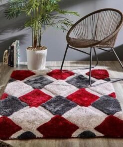 Red & White Handcrafted Microfiber Geometric Ultra Soft Shaggy Carpet