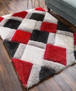 Alternative view of Red & White Handcrafted Microfiber Geometric Ultra Soft Shaggy Carpet